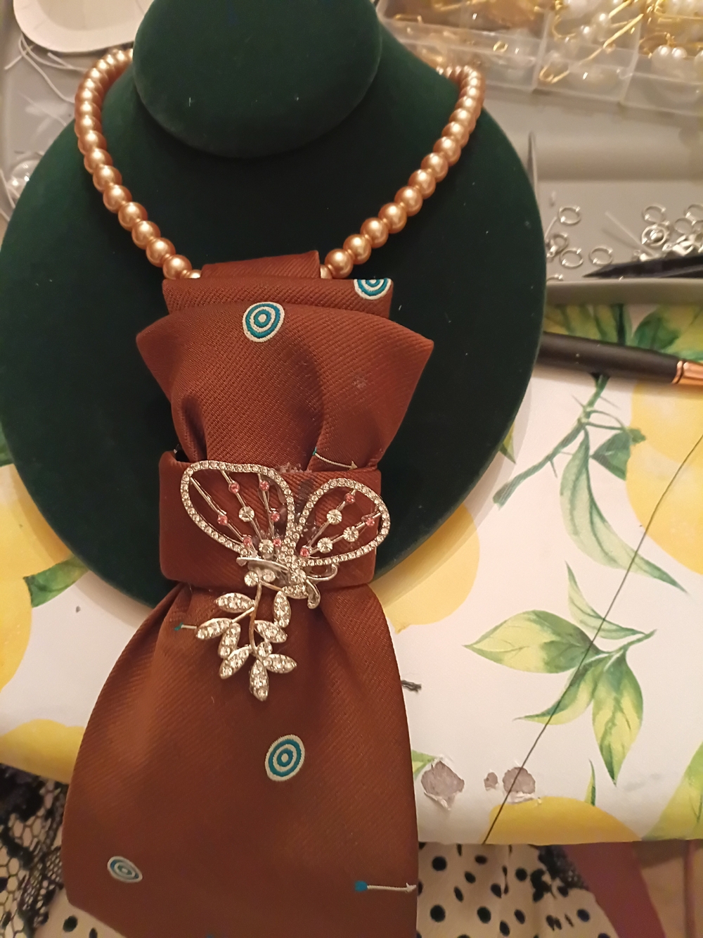 Gold Crystal Butterfly Brooch Necklace - Brown Accent